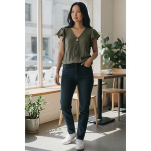 Michael Kors Womens Medium Flutter Sleeve Half Zip Sage Green Blouse